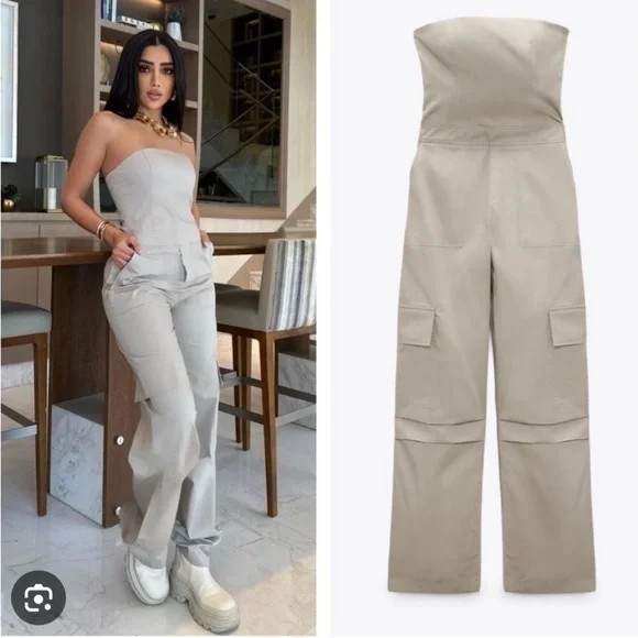 Zara NWT beige cargo long strapless jumpsuit - Picture 2 of 7